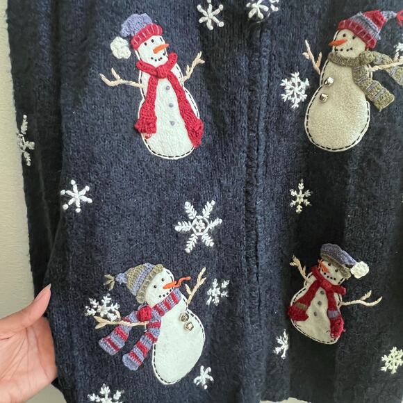Vintage Christmas Snowman Blue Cardigan Sweater Silk Wool Knit Women's Size M - Picture 2 of 7